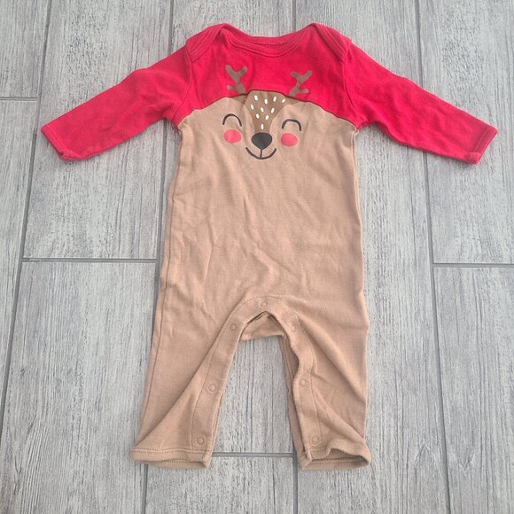 Old Navy Baby Romper Christmas Reindeer Long Sleeve Red & Brown Size 3–6M - Picture 1 of 7
